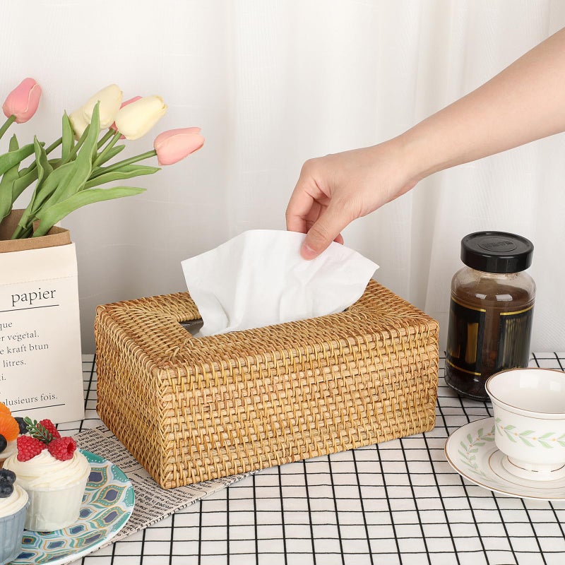 Sumnacon Tissue Box Cover Rectangle Tissue Box Rattan Tissue Box Holder Wicker Decorative Tissue Holder for Bathroom Toilet Living Room Kitchen Office Table Desk  Yellow - Image 2